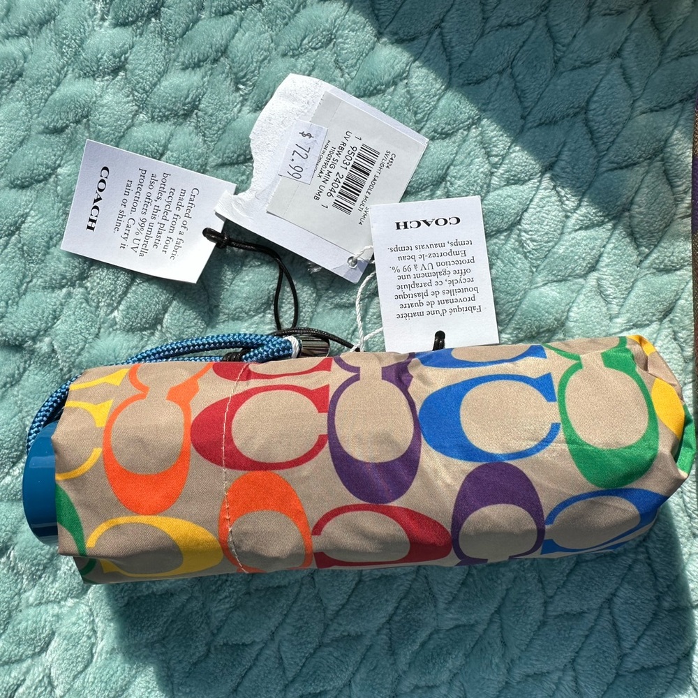 COACH UV PROTECTION MINI UMBRELLA RAINBOW SIGNATURE:NWT RAINBOW PRIDE C4324